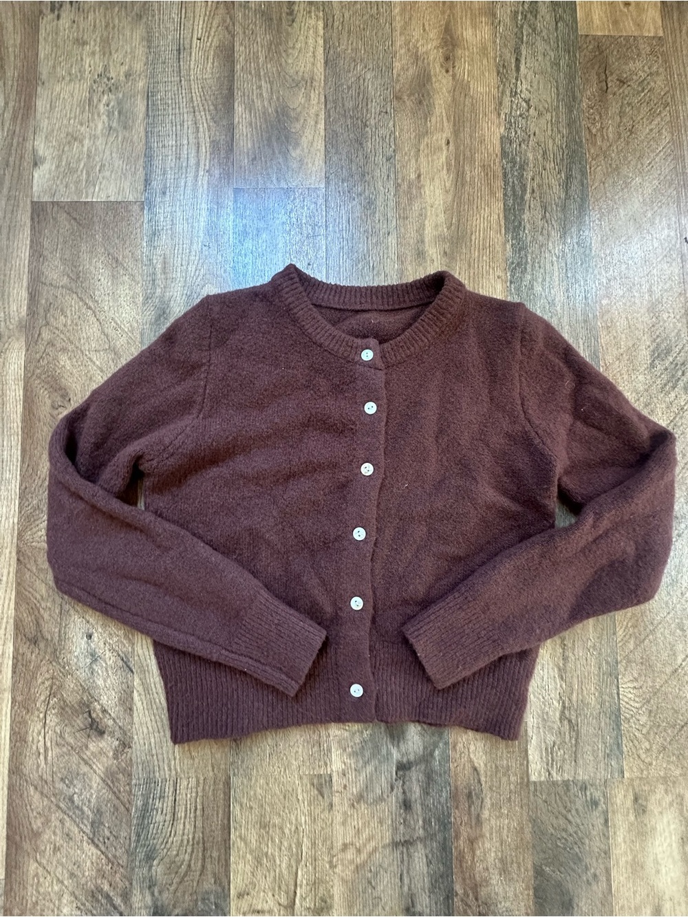 SHEIN Chocolate Brown Button-Up Crewneck Cardigan